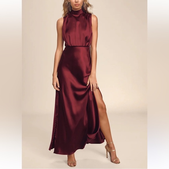 Lulus Wine Satin Maxi Dress Sleeveless Side Slit Size 1X - Picture 1 of 17